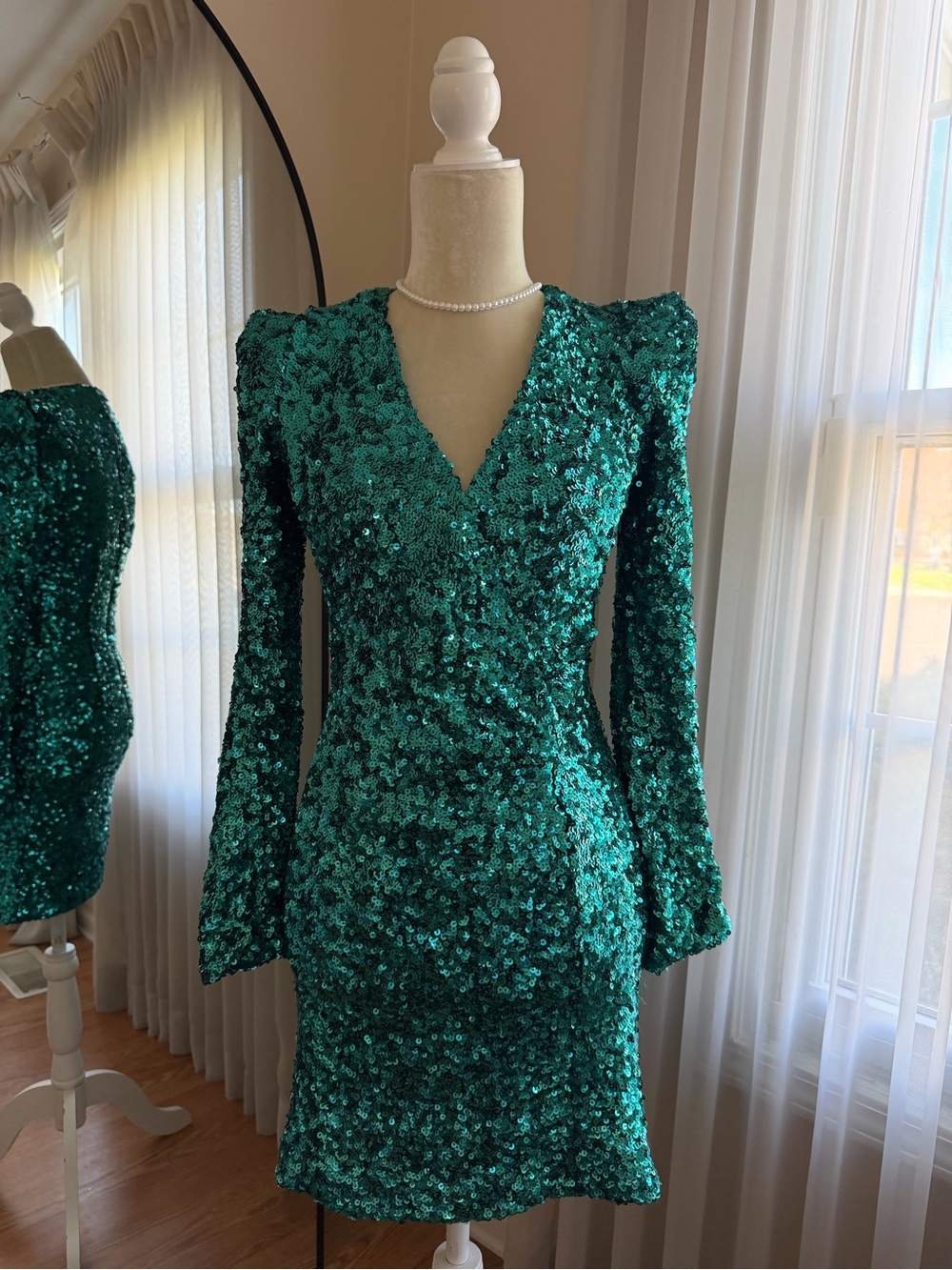 French Connection Teal Sequin V-Neck Mini Dress Size 6